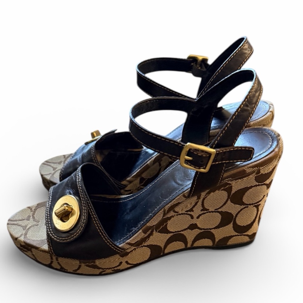 Coach Rana Signature Canvas Wedge Sandals Black Brown Size 8.5 - Picture 2 of 11